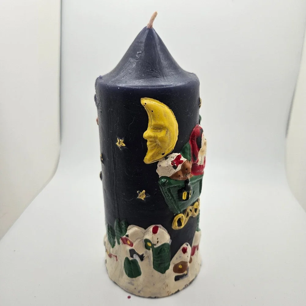 Vintage Hand Decorated Christmas Pillar Candle Santa Reindeer Moon Carved Wax 7